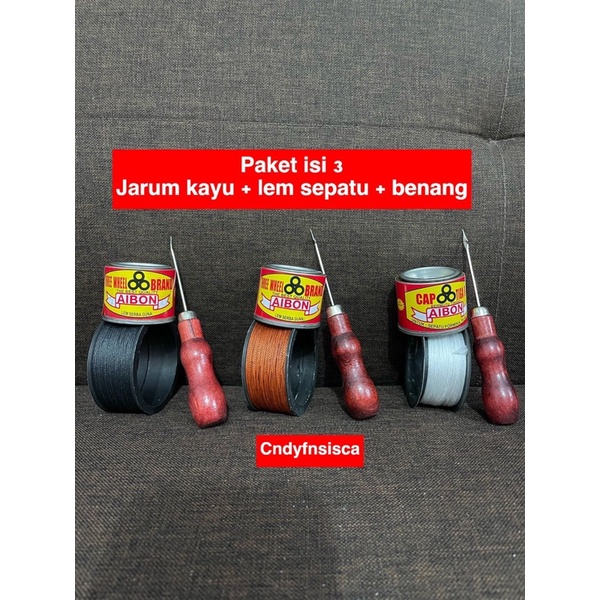 ISI 3 ALAT SOL SEPATU / JARUM SOL SEPATU KAYU / BENANG NILON SOL SEPATU / PAKET SOL SEPATU