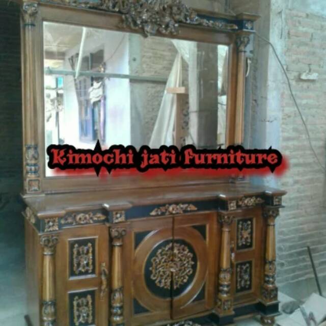 Buffet tv nusantara + cermin, buffet tv mewah jati mebel jepara