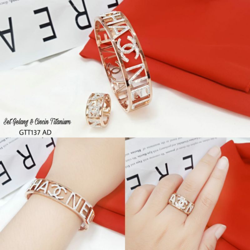 SET TITANIUM GELANG DAN CINCIN ANTI KARAT DAN ANTI ALERGISET PERHIASAN STAINSLESS STEEL BERLAPISKAN 