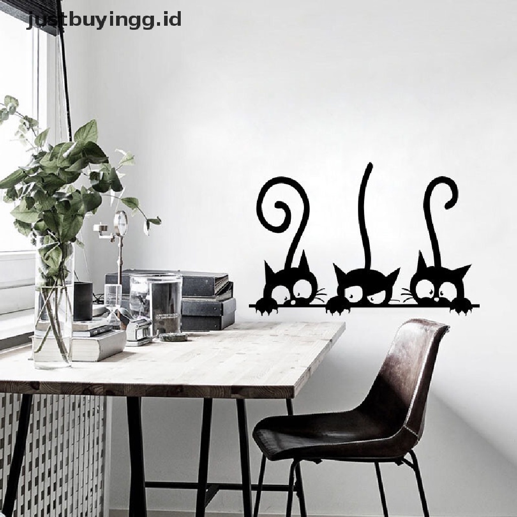 Stiker Dinding Desain Tiga Kucing Hitam Dapat Dilepas Untuk Dekorasi Kamar Tidur Anak