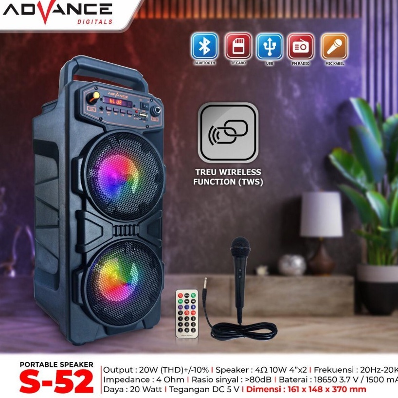 Promo Terbaru!!! Speaker Bluetooth Karaoke Portable Advance Dual 4 Inch S-52 Gratis MIC Dan Remot super bass