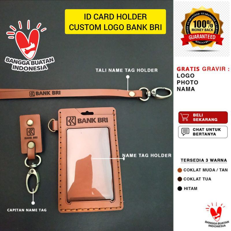 Jual Id Card Holder Kulit Asli Gantungan Kartu Kulit Name Tag Kulit Custom Logo Bank Bri