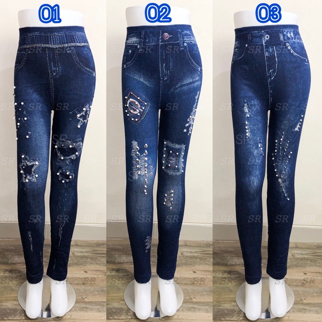 Legging Jeans Mutiara Import Wanita Pearl Denim Stretch Kombinasi