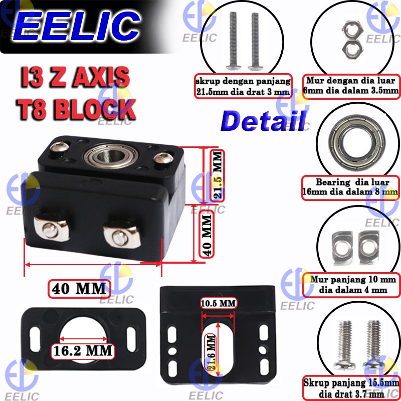 EELIC IZA-PLZT8 I3 z axis t8 block dengan bearing 8 mm dan mur baut 3d printer