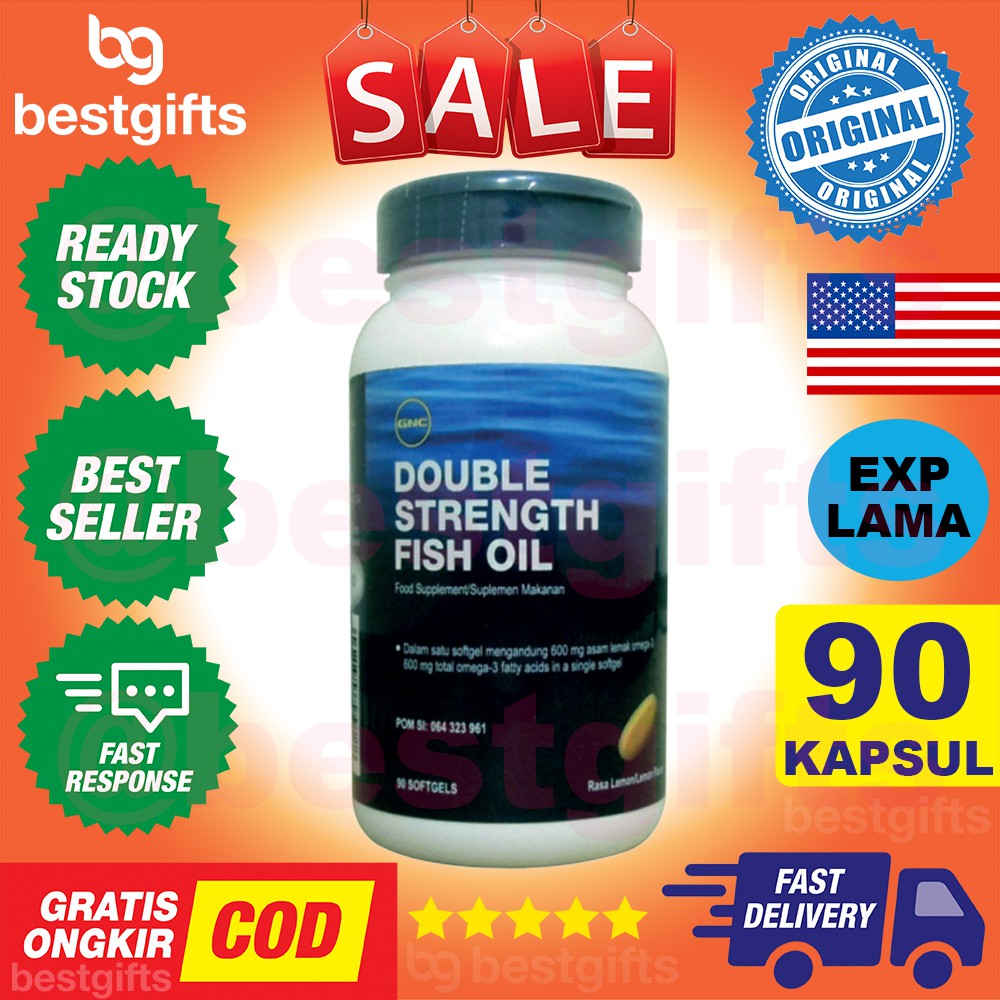 GNC DOUBLE STRENGTH FISH OIL OMEGA 3 600 MG MINYAK IKAN JANTUNG KORONER HIPERTENSI STROKE 90 KAPSUL