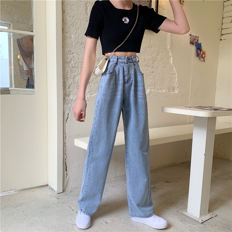 XIAOZHAINV Korean Celana Panjang Wanita High Loose Jeans