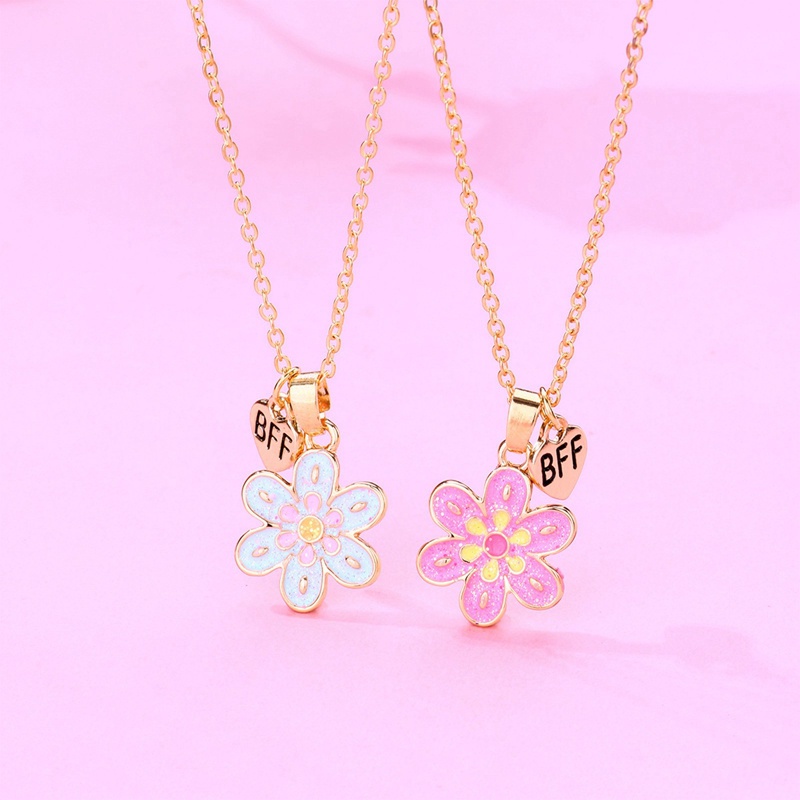 2pcs / Set Kalung Rantai Dengan Liontin Bunga Warna Biru Pink Untuk Anak Perempuan