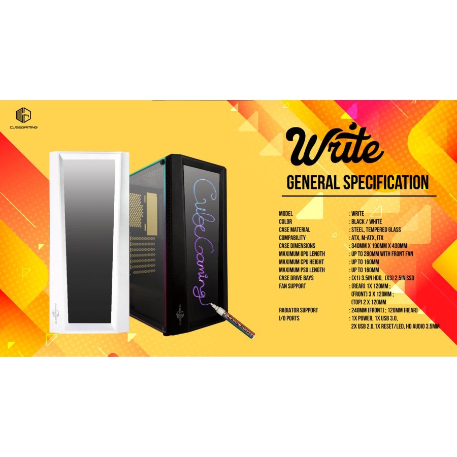 Casing CUBE GAMING WRITE WHITE - ATX - WRITEABLE FRONT &amp; SIDE PANEL
