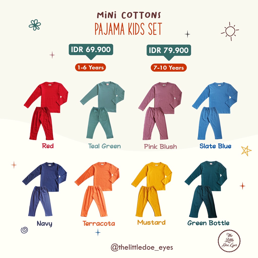 MINI COTTONS Setelan Piyama Set Baju Tidur Anak Kaos Polos