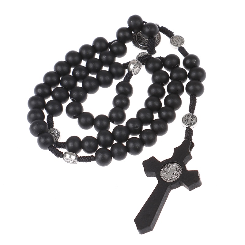 Hbid Kalung Doa Rosario Manik Kayu Hitam Pendant Salib Yesus Gaya Antik