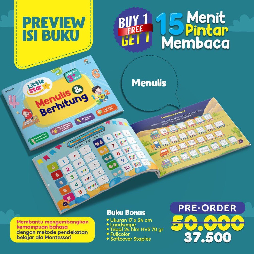 Buku Little Star 15 Menit  Pintar Membaca + Bonus Buku Menulis dan Berhitung