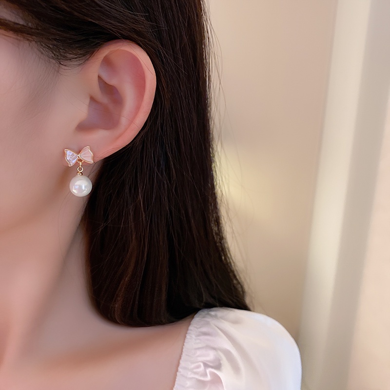 Anting Mutiara Busur Putih Lucu Untuk Wanita Aksesoris Telinga Korea