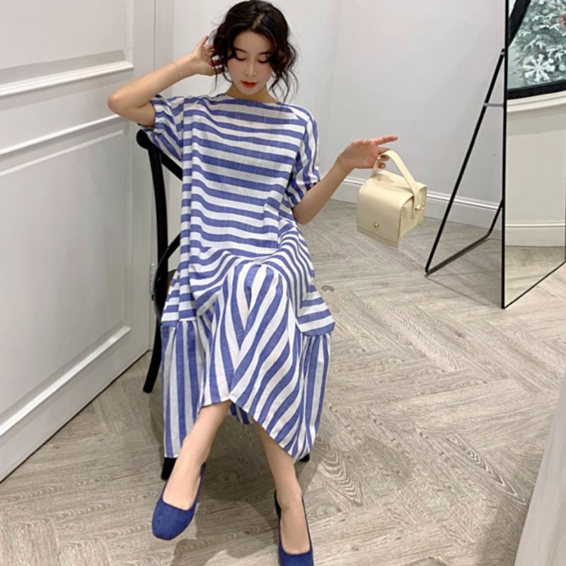 MDLV ~ 80810 Striped Drop Waist Dress Oversize Dress Maxi Dress Salur Import Fashion Import