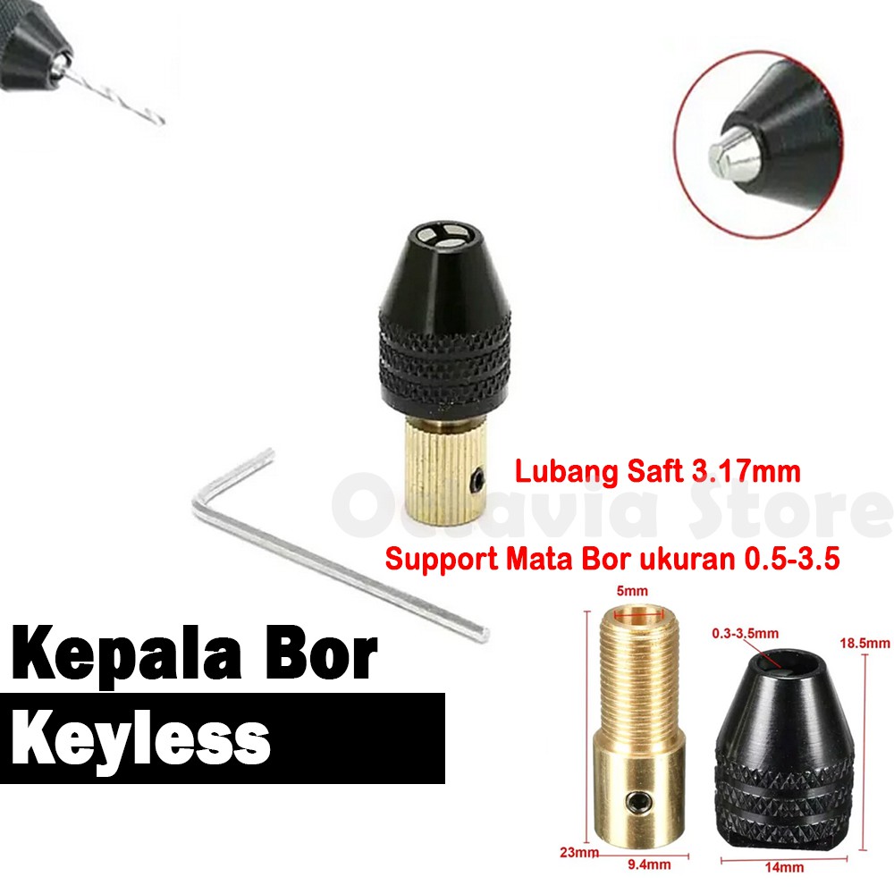 Kepala Bor mini Drill keyless dan collet Chuck 2.3mm atau 3.17mm 1 set