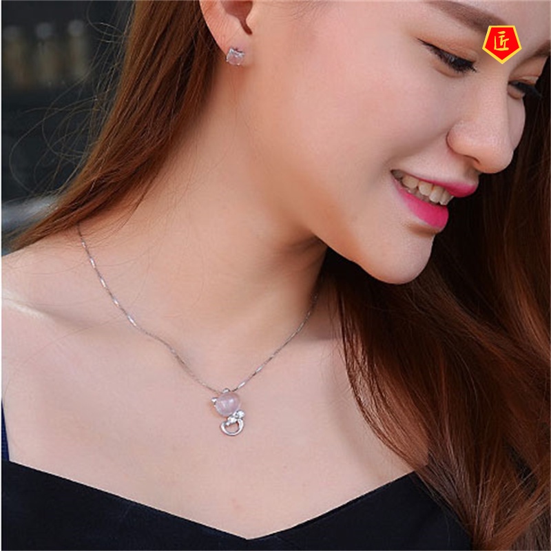 [Ready Stock]Korean Fashion Women Necklace Kitty Pink Crystal Pendant