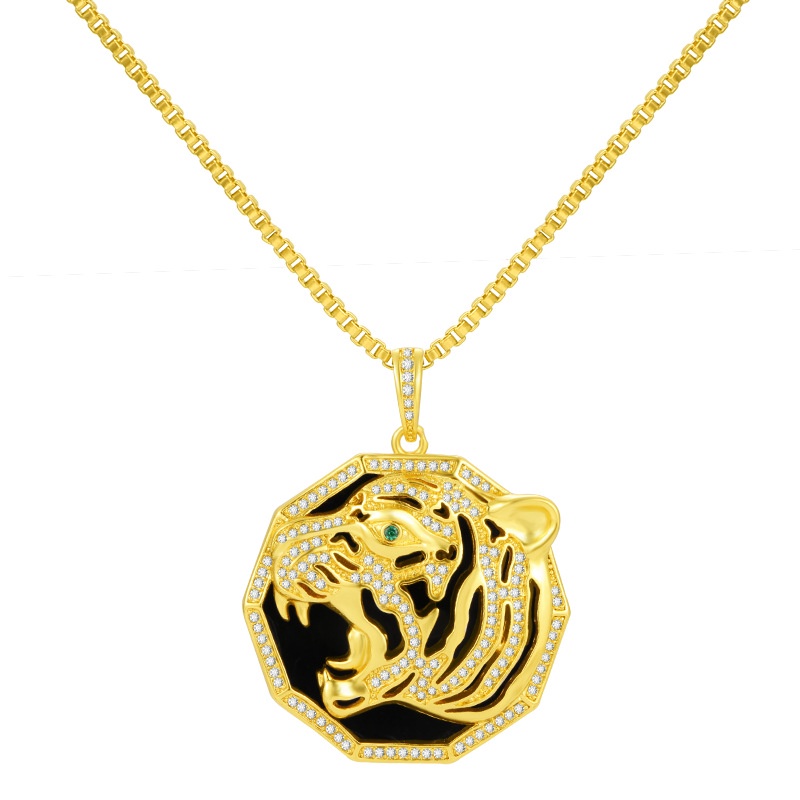 Kalung Lapis Emas Asli Kadar 375 Dengan Liontin Harimau 3D Hias Berlian Untuk Pasangan