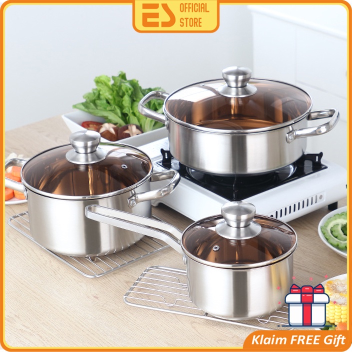 Es Set Panci Masak Stainless Steel Satu Set Isi Tiga Wajan Panci Murah Tahan Lama Set Alat Masak