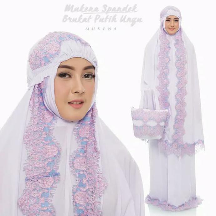 Mukena Muslim Muslimah Wanita Dewasa Spandek Brukat Atas Bawahan Murah - Putih Ungu