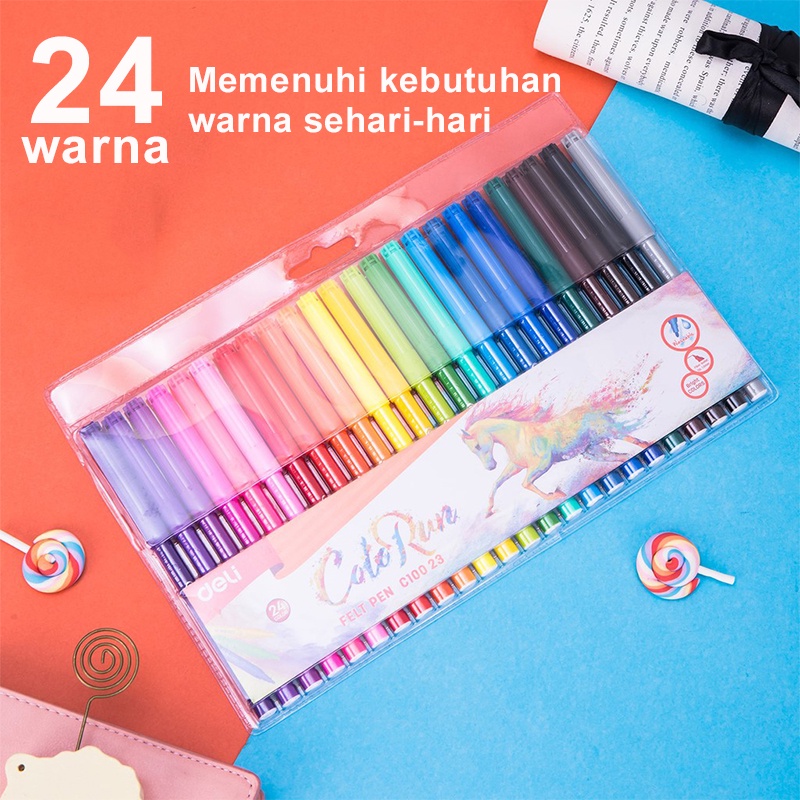 Deli Spidol Warna Bisa Dicuci Brush Pen Pulpen Warna Warni Highlighter Pen 24 Warna 1.0mm Menggambar Spidol Felt Pen