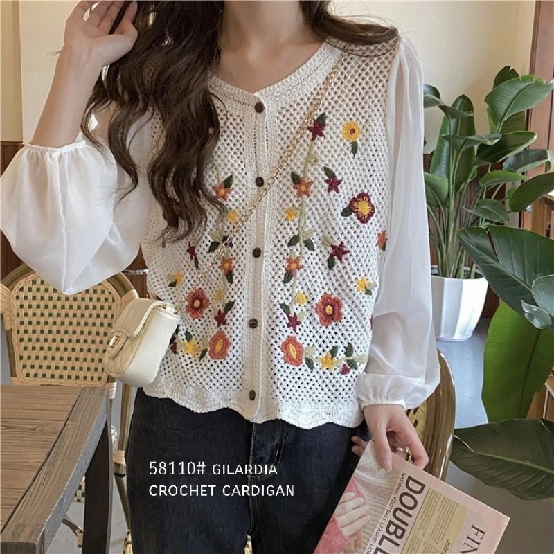 MDLV 58110 GILARDIA CROCHET CARDIGAN KOREA TERBARU CARDIGAN BRUKAT LENGAN PANJANG FASHION IMPORT