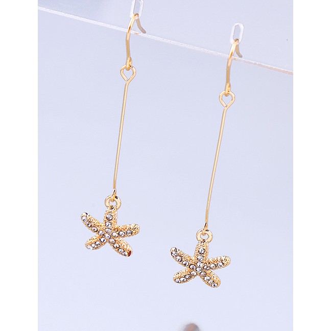 LRC Anting Gantung Fashion Long Starfish Alloy Diamond-studded Small Starfish Earrings F92087