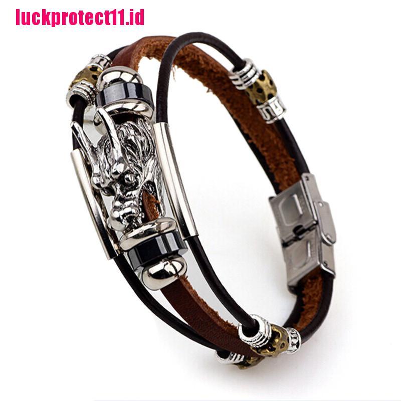 (LUCK) Gelang Tangan Kulit Banyak Lapis Aksen Naga Parataxis Tibet Warna Silver Untuk Pria