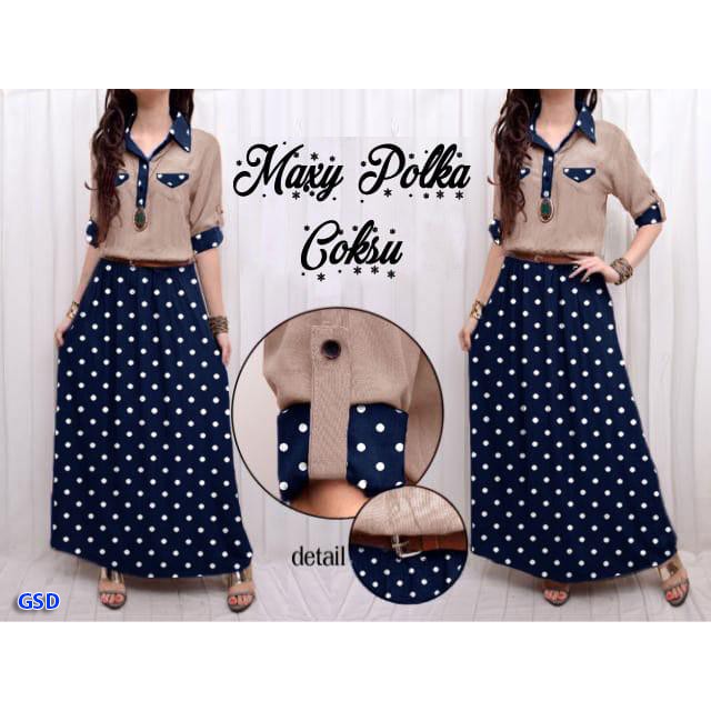 maxi polka rayon/maxi dress polkadot/dress maxi fashion wanita/dress maxi casual cewek/gamis syari