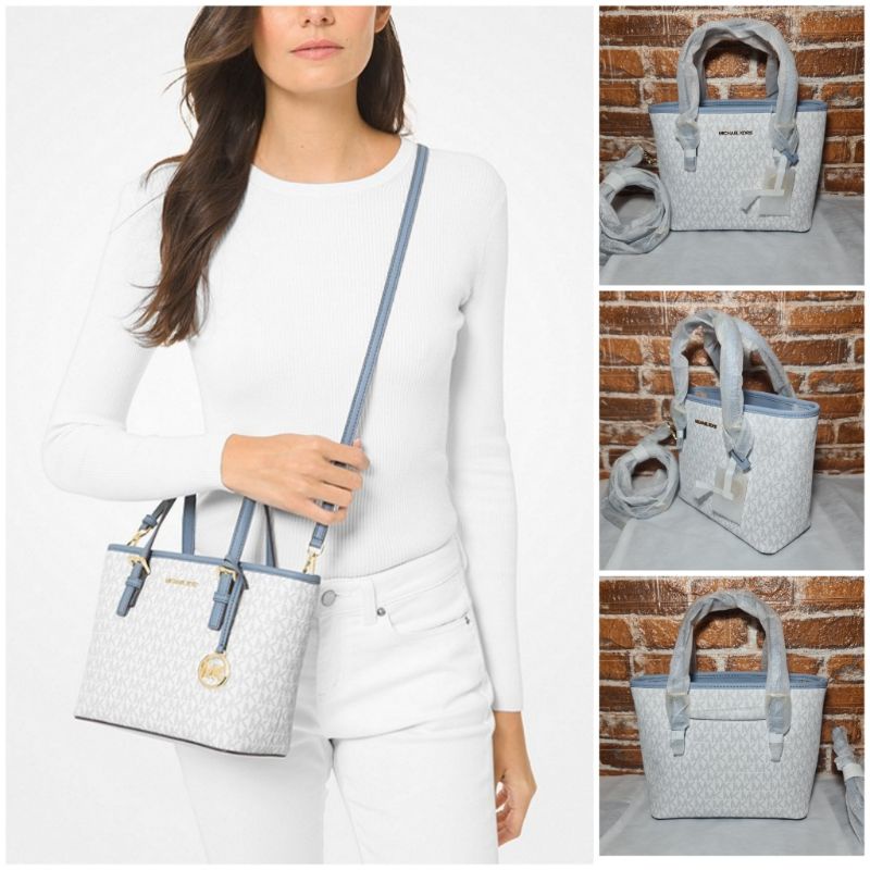 tas michael kors mk jet set travel extra-small logo top zip tote bag pale blue multi