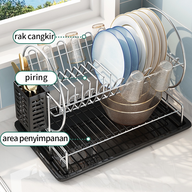 Rak Pengering Piring Stainless Rak Pengeringan Dapur Meja Dish Drainer Rack Cup Holder