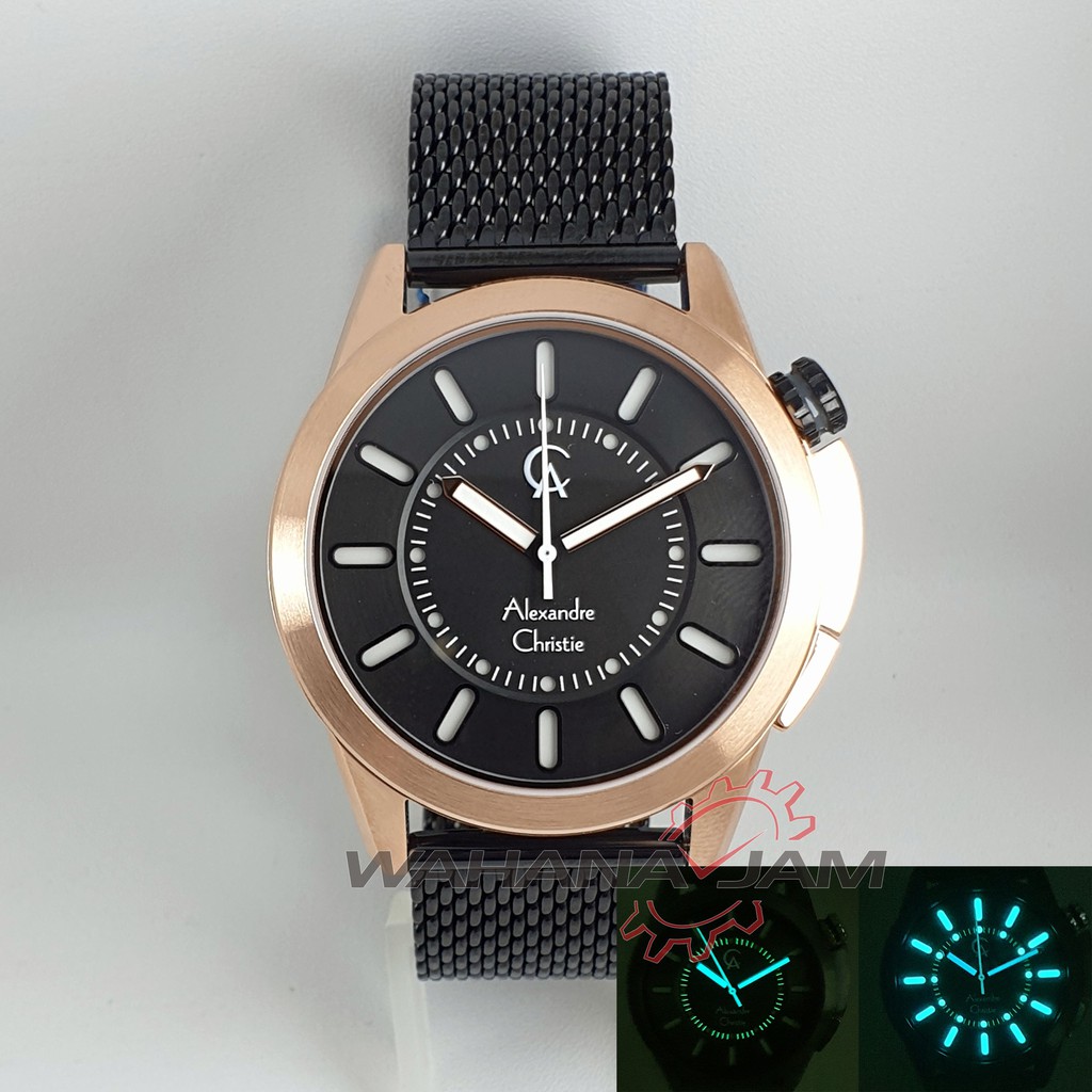 Alexandre Christie AC 8632 MH BBRBA / Jam Tangan Pria AC8632 Rantai Pasir Rosegold Hitam Black Lampu