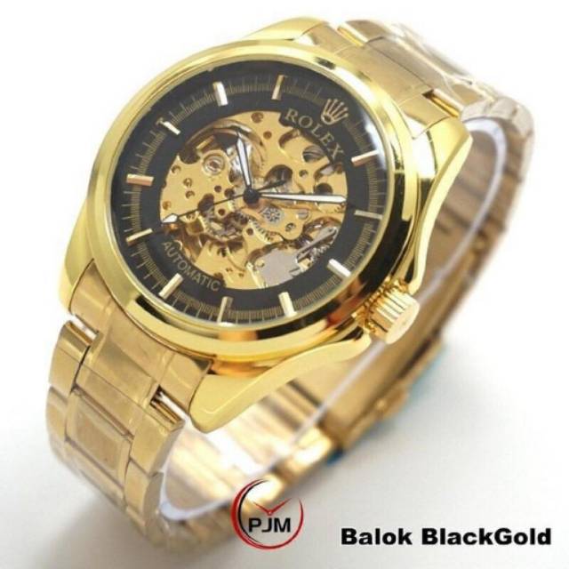 Jam Rolex Automatic Rantai Gold | Body besar | Jam Otomatis Skeleton Transparan Matic Pria Otomatis