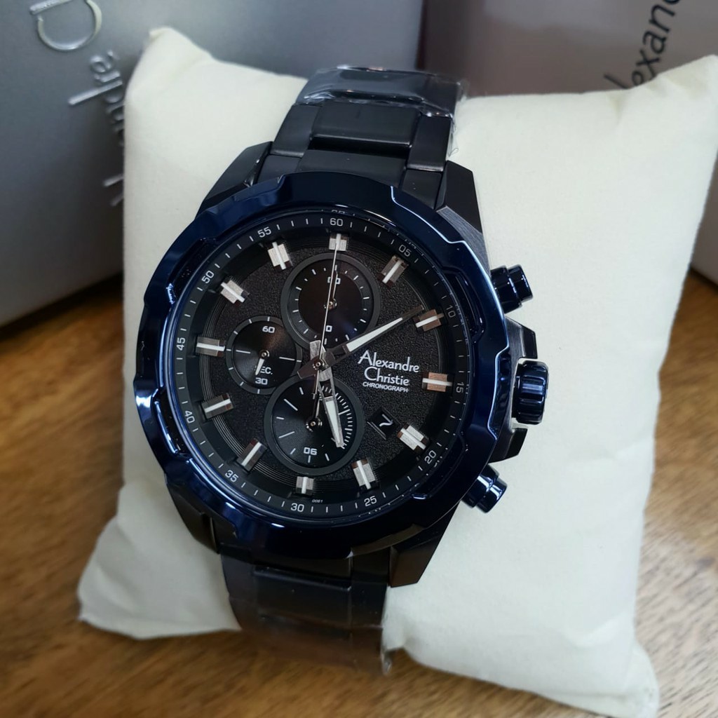 alexandre Christie  AC 6468 pria original stainless steel hitam lis blue