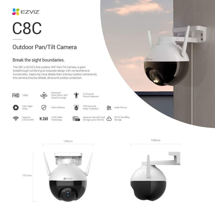 EZVIZ C8C Outdoor IP Camera Pan &amp; Tilt 360 CCTV Night Vision Wifi 2M IPCAM AI 1080P