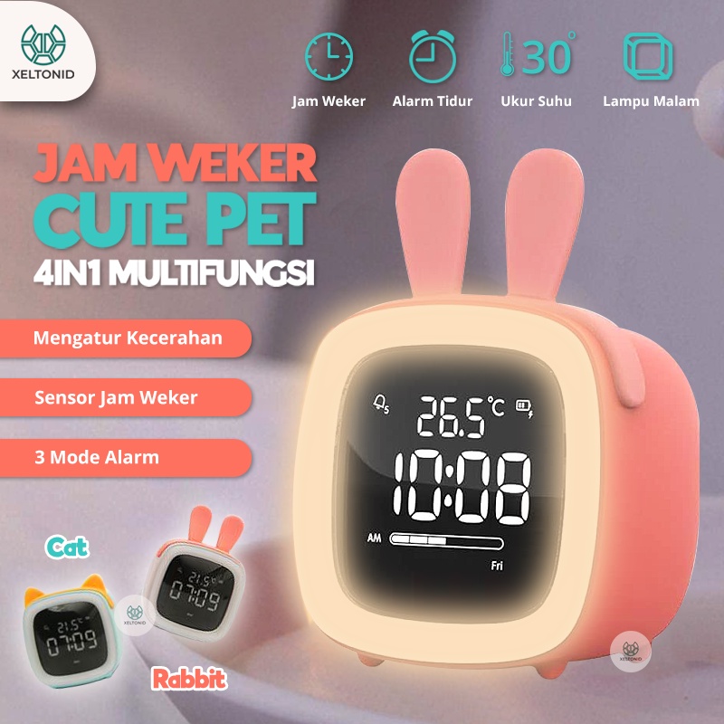 Weker Digital Meja Jam Weker Digital dengan Desain Lucu Kucing dan Kelinci, Dilengkapi Alarm dan Fun