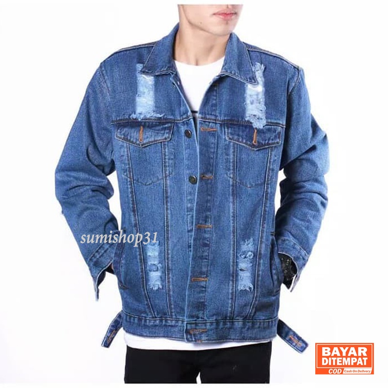 JAKET JEANS PRIA SOBEK ROBEK RIPPED BIOBLITZ BIOWASH BIRU MUDA TUA