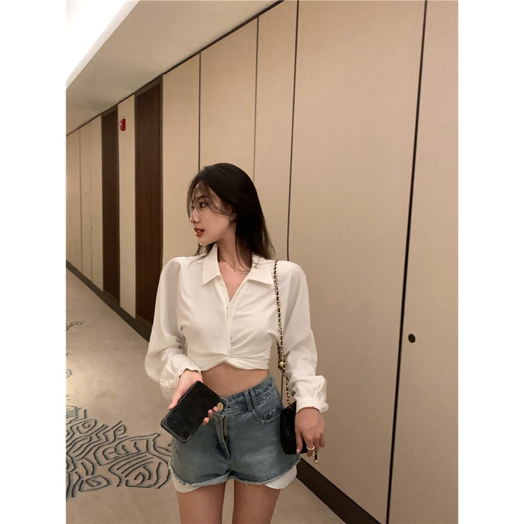 Wrap Top Putih Kemeja Lengan Panjang Wanita Terbaru Korean Style Blouse Crop