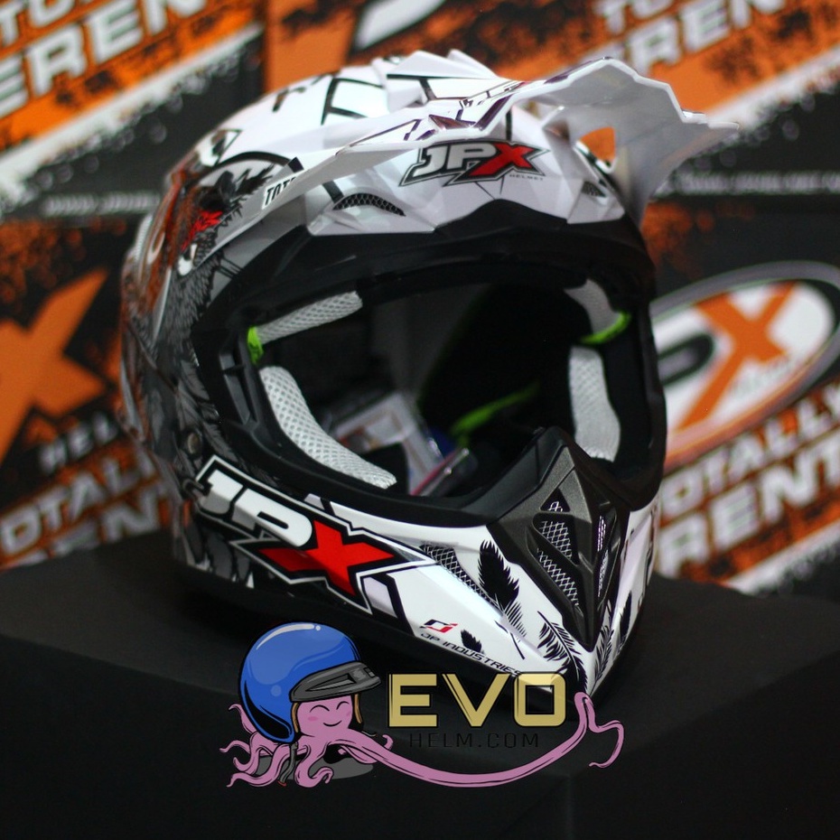 HELM JPX CROSS_FOX1 SERI  X13 - PEARL WHITE GLOSS + GOOGLE SNAIL (ONGKIR 2 KG) JPX X13 WHITE ORIGINAL HELM JPX MOTIF OWL BURUNG HANTU PAKET GANTENG GOOGLE SNAIL JPX HELM TRAIL ADVENTURE KLX X13 BURUNG HANTU HELM JPX TERBARU