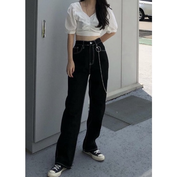 YESSTYLE STRAIGHT LEG CUT BLACK JEANS HITAM KULOT - SOSANA