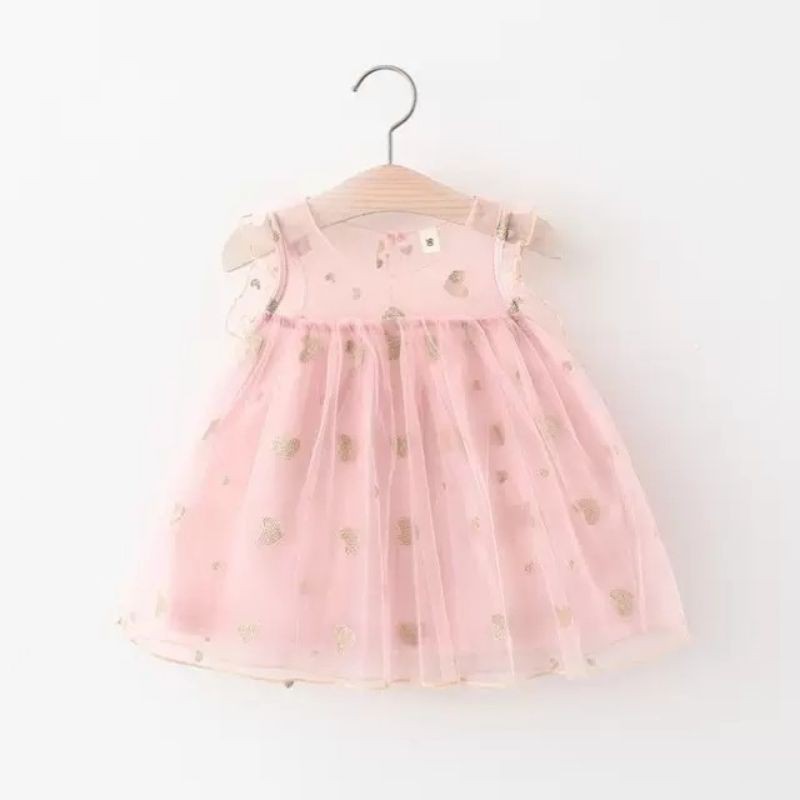 golden heart tutu dress / dress princess anak bayi / gaun pesta baby tile tule pink biru putih-Heart pink
