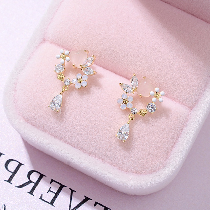 Anting Tusuk Gantung Desain Kupu-Kupu / Bunga hollow Hias Mutiara / Berlian Gaya Korea Untuk Wanita