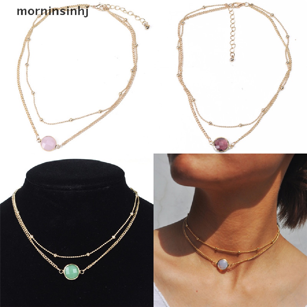 Mornin Kalung Choker Rantai Emas Banyak Lapis Dengan Liontin Kristal Elegan Untuk Wanita