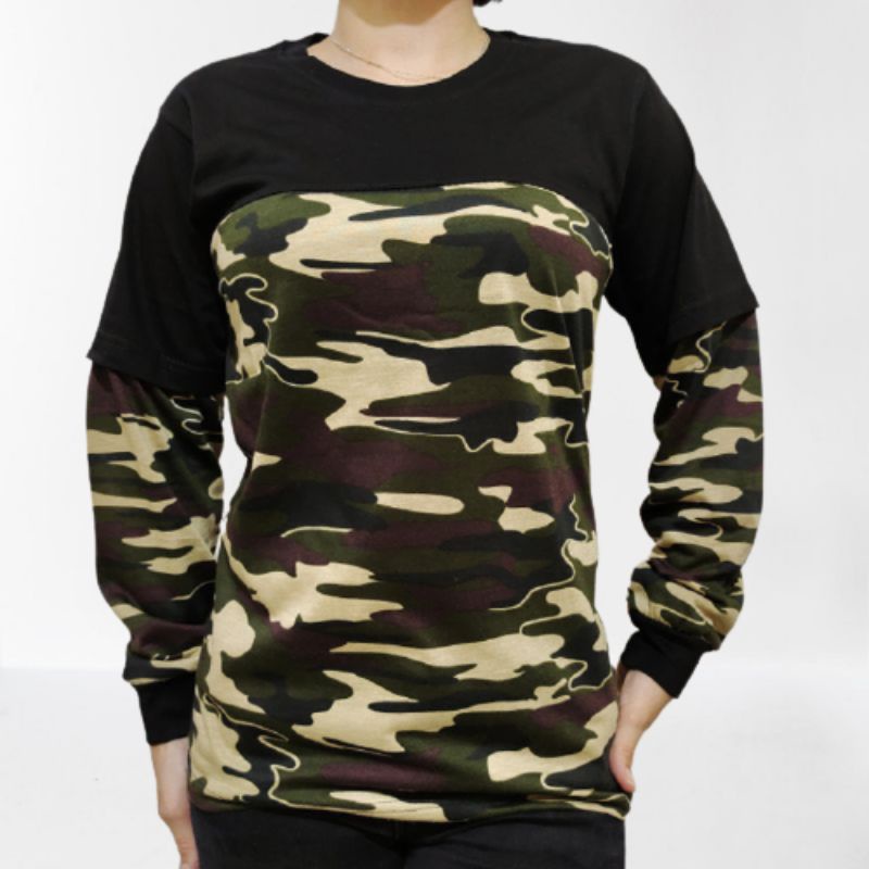 Kaos Army Lengan Panjang Loreng Kombinasi Hitam Pria Wanita Ukuran M L XL XXL