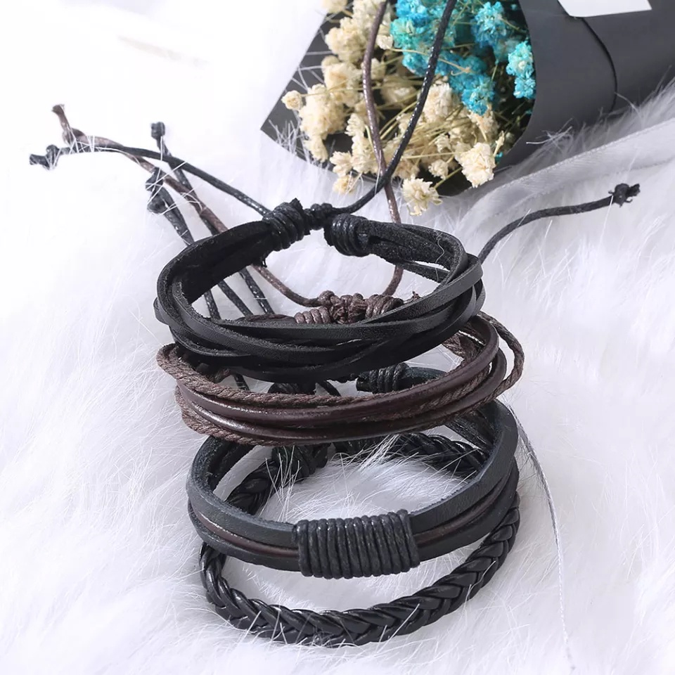 Gelang Tali ISI 4PCS AB17 Gelang Pria Wanita Fashion Casual Retro Woven Men Women Leather Bracelet Jewerly ACC