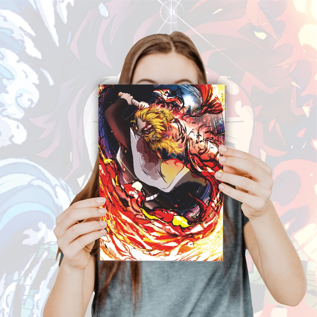 Poster Anime Kimetsu no Yaiba Demon Slayer Nezuko Tanjiro Zenitsu Giyuu Tomioka Inosuke - Size A4+-26 Rengoku B