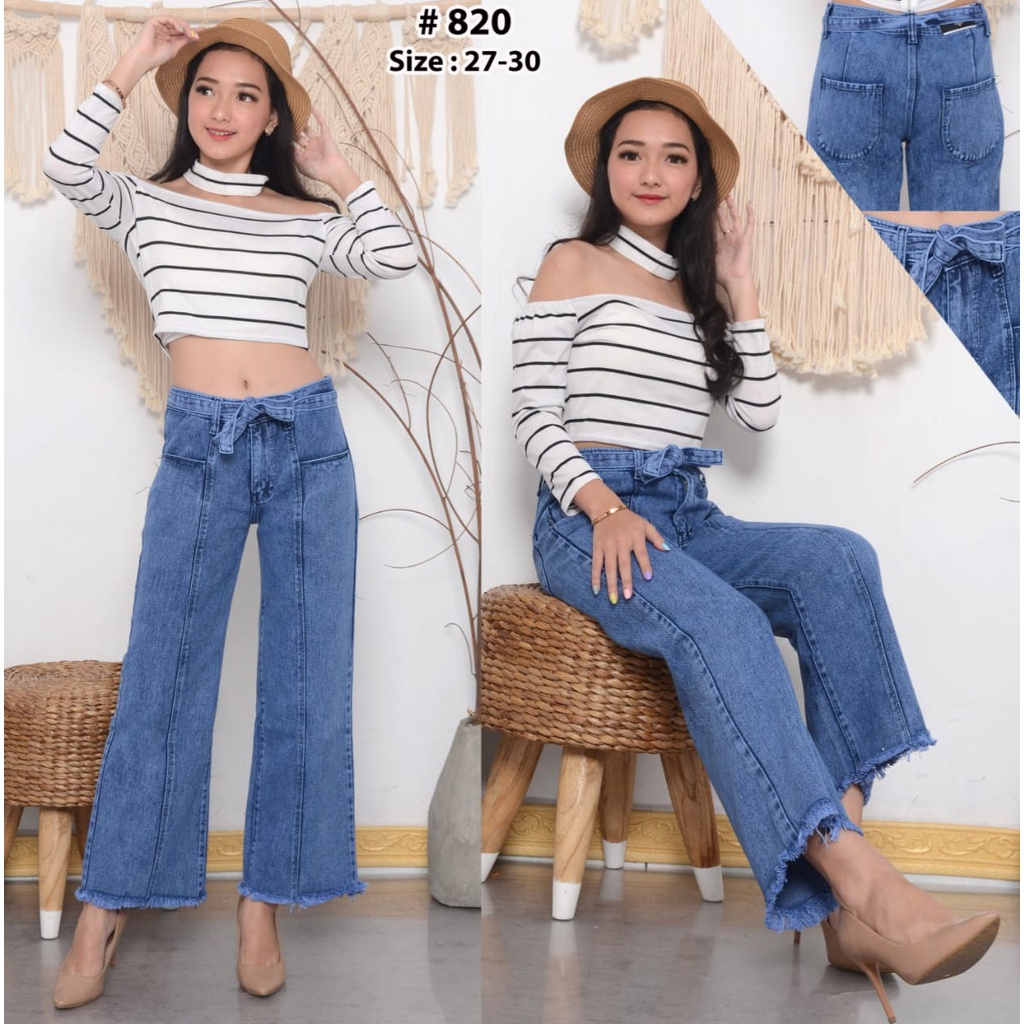 ( Bisa COD ) MC girl - Celana Jeans Premium Kulot Tulang Tali Pinggang / Kulot Garis Free Gesper