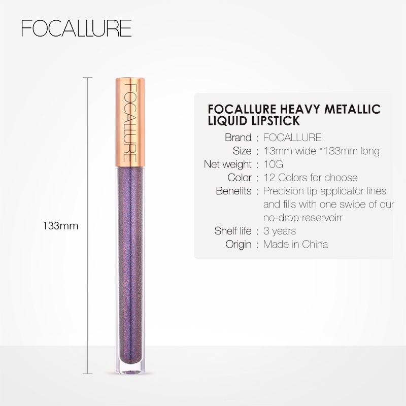 FOCALLURE Shimmer Lip Gloss Waterproof Lipstick Focallure Heavy Metalic Liquid Lipstick FA45 Pigment Finish