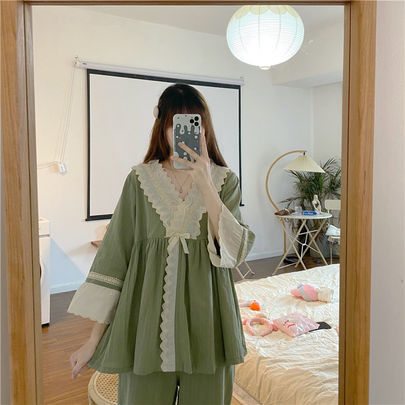 Yumi - baju tidur setelan celana panjang piyama renda loose kimono santai rumah korea longgar oversi