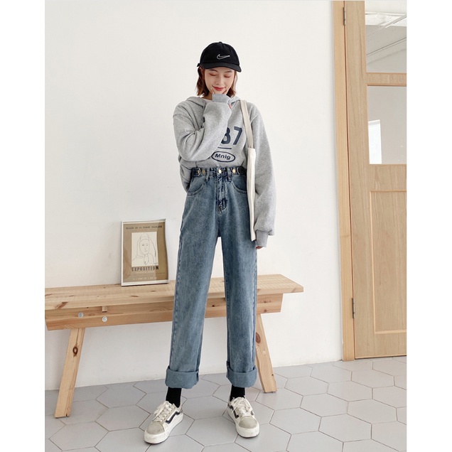 Celana Jeans Panjang Wanita Biru Highwaist Kulot Jeans Wanita Loose