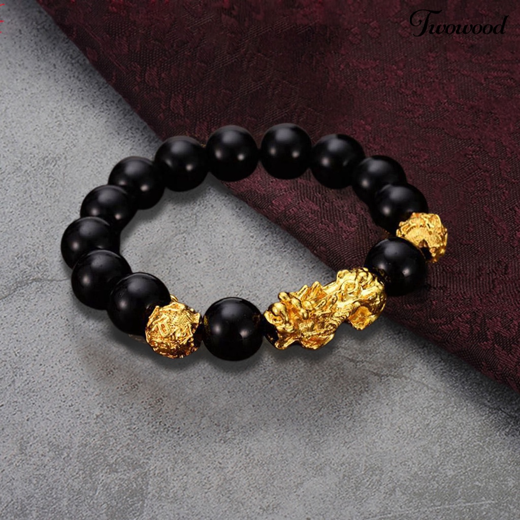 Twowood Smooth Simple Unisex Bracelet Gift Faux Obsidian Beads Brave Troops Lucky Bracelet for Daily Wear