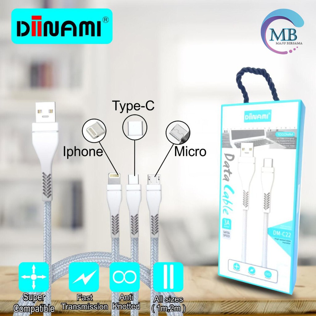 BM081 C22 DIINAMI Kabel data cable charger original ready Micro i Ph0ne tipe c 1 2 3 meter 3Amper MB686